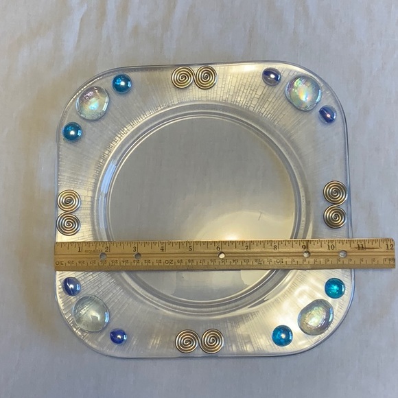 Glass Serving Plate with Beads & Silver Metal,  Matching Spoon & Candle Votives - Picture 2 of 8